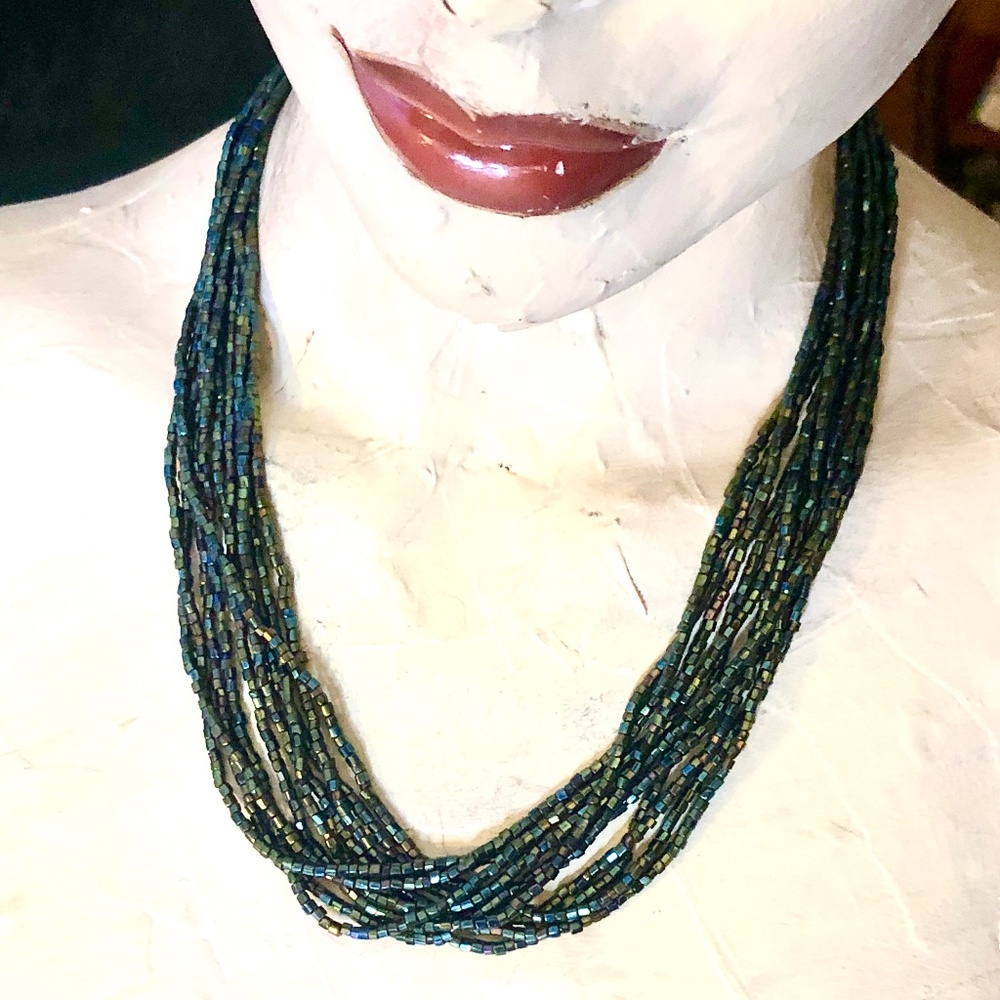 VTG 90s Deep Green Iridescent Seed Beaded 10 Strand 20" Matinee Length Necklace